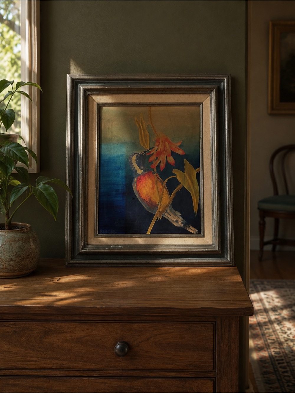Vintage, gorgeous Framed Botanical Bird Art Print in Blue and Orange painting